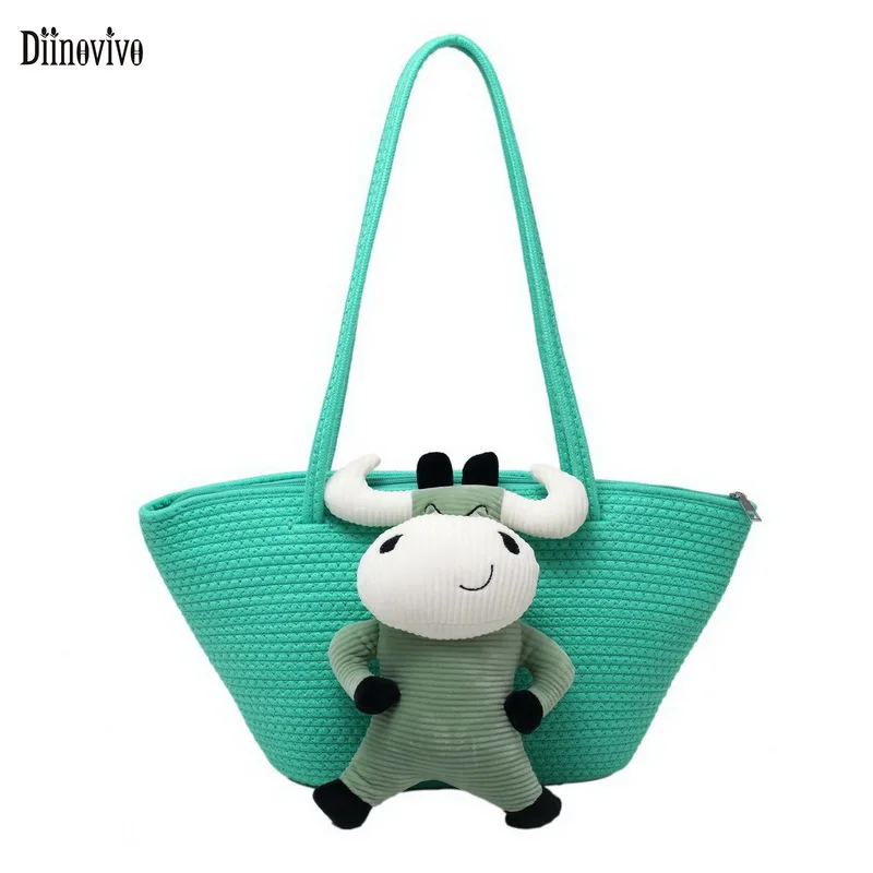 

Diinovivo New Straw Bags For Women Handbag 2021 Cartoon Cow Ornaments Woven Female Shoulder Bags Summer Beach Bag Tote WHDV1814