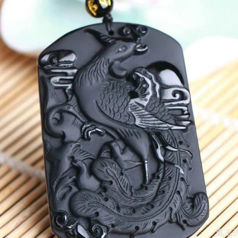 Ожерелье из натурального черного обсидиана с подвеской в виде феникса модное