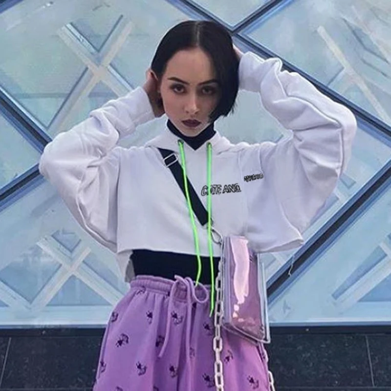Waatfaak Hoody Whith женская укороченная Толстовка с буквенным принтом рукав «летучая мышь» контрастная уличная Короткая Толстовка Осень Зима
