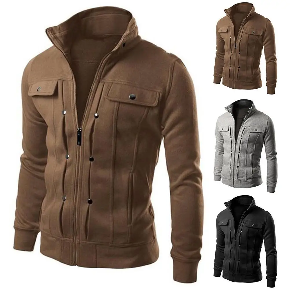 

Plus Size Men's Coat Solid Color Stand Collar Long Sleeve Zip Pocket Autumn Casual Slim Jacket Coat Male Clothes