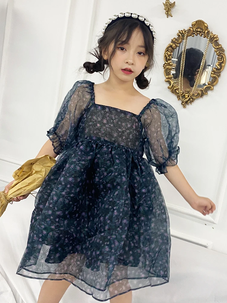 

Girl French Floral Puff Sleeve Dress Summer Fashion Design Mesh Princess Dress Kids Clothes Little Girls Costume Knee-Length