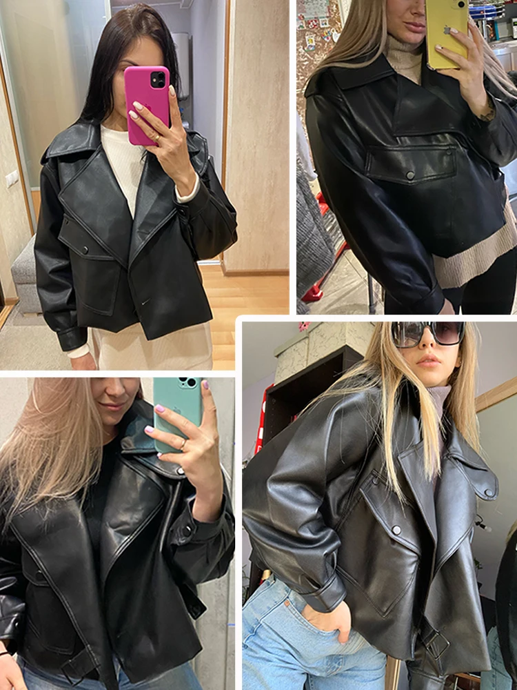 

New Spring Women Faux Leather Jacket Biker Red White Coat Turndown Collar PU Motorcycle Jackets Loose Streetwear Outerwear