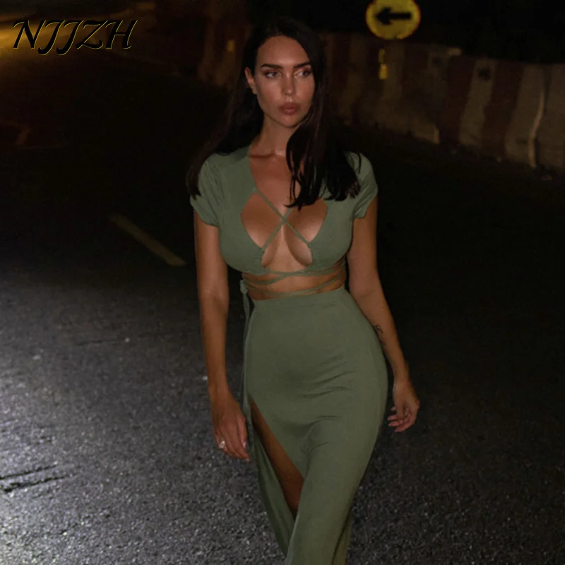 

NJJZH 2021 winter spring Fashion Solid Sexy Short sleeve tie Hollow Out V Neck asymmetrical High waist Slim Pants suit Lace Up