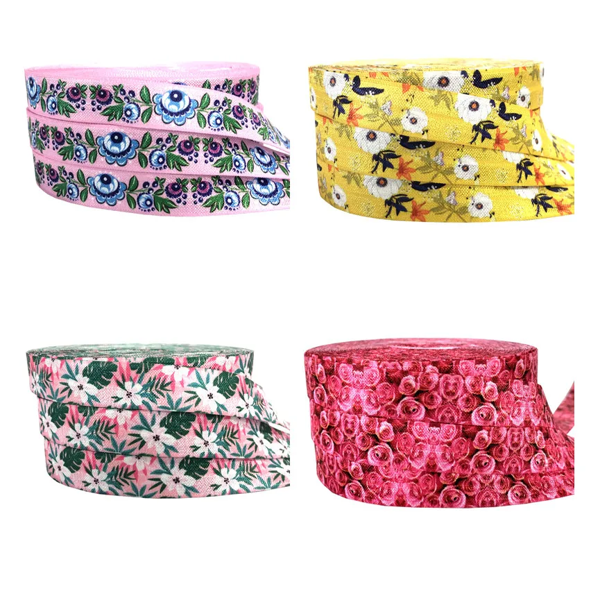 

Rose Flower Print Fold Over Elastic Ribbon 16mm Tropical leaves FOE Webbing For Girls DIY Headwear Birthday Party 10yard