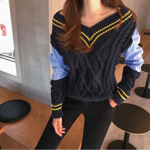 Navy Blue Твист, v-образная горловина, вязаный свитер с открытыми плечами и вставками из другой ткани в полоску, недорогой, свободные белого и синего цвета c. h. Я. c корейский стиль Для женщин; сезон осень - Цвет: Navy Blue