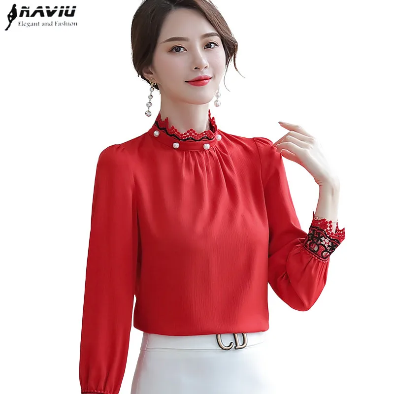 Женская рубашка с воротником стойкой красная белая офисная длинным рукавом 2019| |