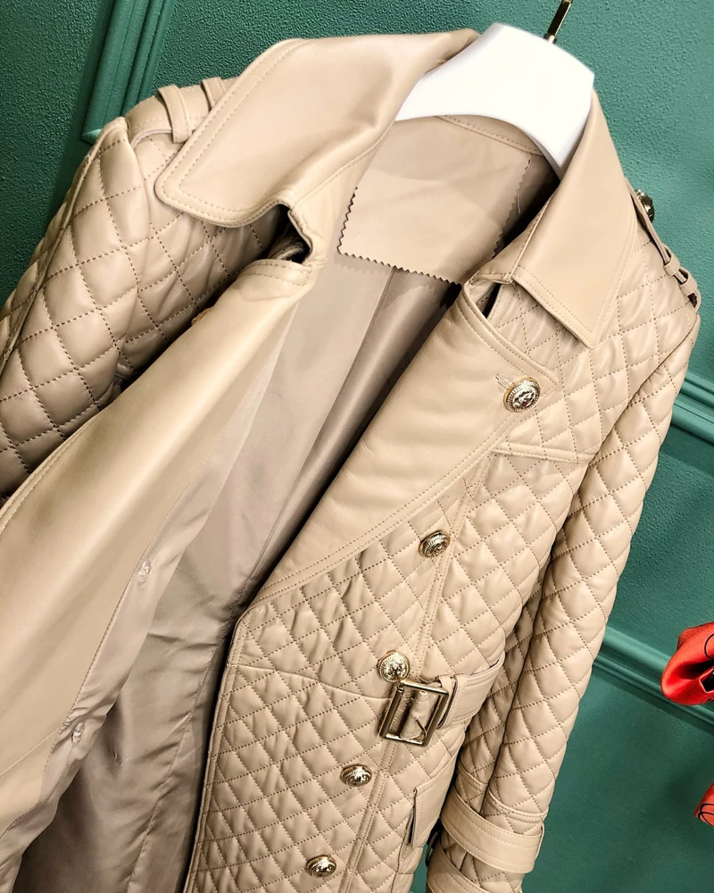 

Casual Spring Women Coat Long Genuine Leather Jacket Winter Fillers Cotton Turn-Down Collar Outerwear Diamond Grid Pattern