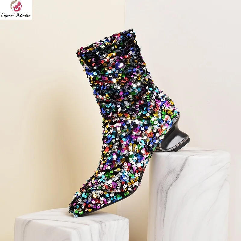 

Fashion Rainbow Color Women Ankle Boots Square Toe Boots Strange Style Boots Sequins Handmade Basic Ankle Boots Large Size 33-45