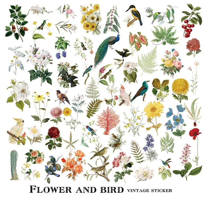 

56pcs Vintage Flower and Bird Washi Sticker Set-Parchment Texture Sticker- Scrapbook Stickers- Bullet Journal Sticker