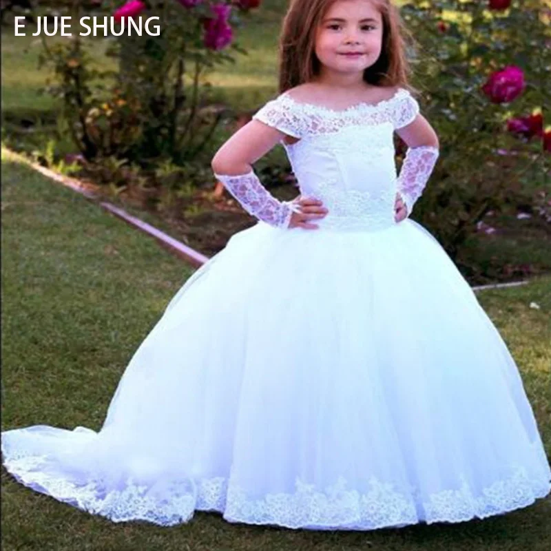 

E JUE SHUNG White Tulle Lace Appliques Flower Girl Dresses For Wedding Cap Sleeves Pageant Dresses First Holy Communion Dresses