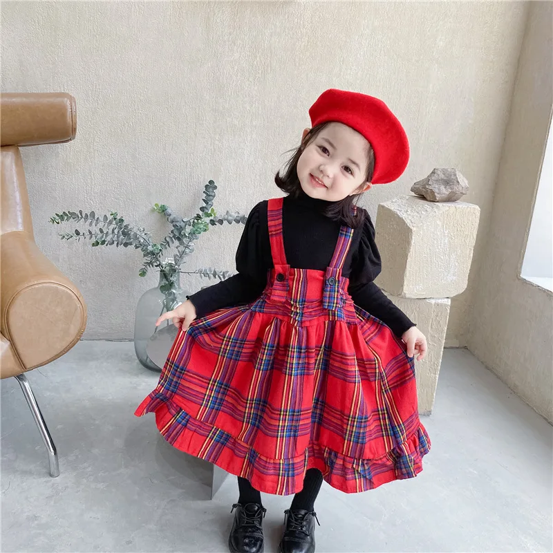 

DFXD/2021 Весенняя одежда для маленьких девочек комплект для От 1 до 7 лет Пышное Платье с длинным рукавом и высоким воротником вязаный джемпер для девочек; Рубашка + на бретельках, платье принцессы в клетку;