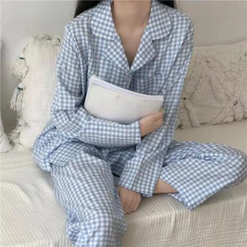 

CAIYIER Cute Grid Girls Pajamas Set Korean Autumn Winter New Long Sleeve Leisure Sleepwear Women Loose Nightwear Homewear Suit