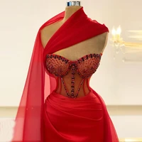 new arrival fashion red prom dressing gowns with tulle shawl mermaid strapless satin crystals pageant evening dresses
