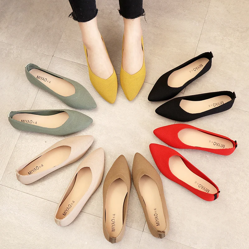 

2021 women's flat shoes ballet shoes breathable knitted pointed shoes mixed color women's soft shoes women