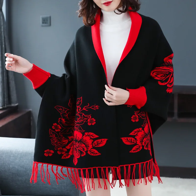 Женский Вязаный плащ в национальном стиле осень 2019 новинка Ретро стиль с принтом