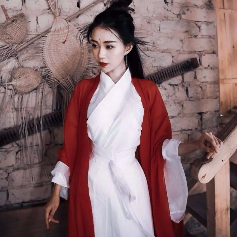 

Chinese Style Han Tang Song Ming Dynasty Clothes Female Costume Woman Hanfu White And Red Kimono Outfit For Women