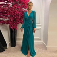 verngo mother modest teal green chiffon prom dresses long sleeves v neck front slit beads applique pleats women evening gowns
