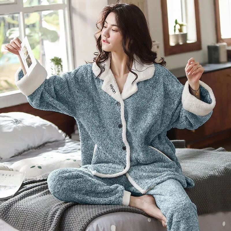 

2 Pieces Winter Women Pajamas Set Thicken Warm Soft Flannel Sleepwear Lapel Buttons Female Homewear Plus Size Pyjamas