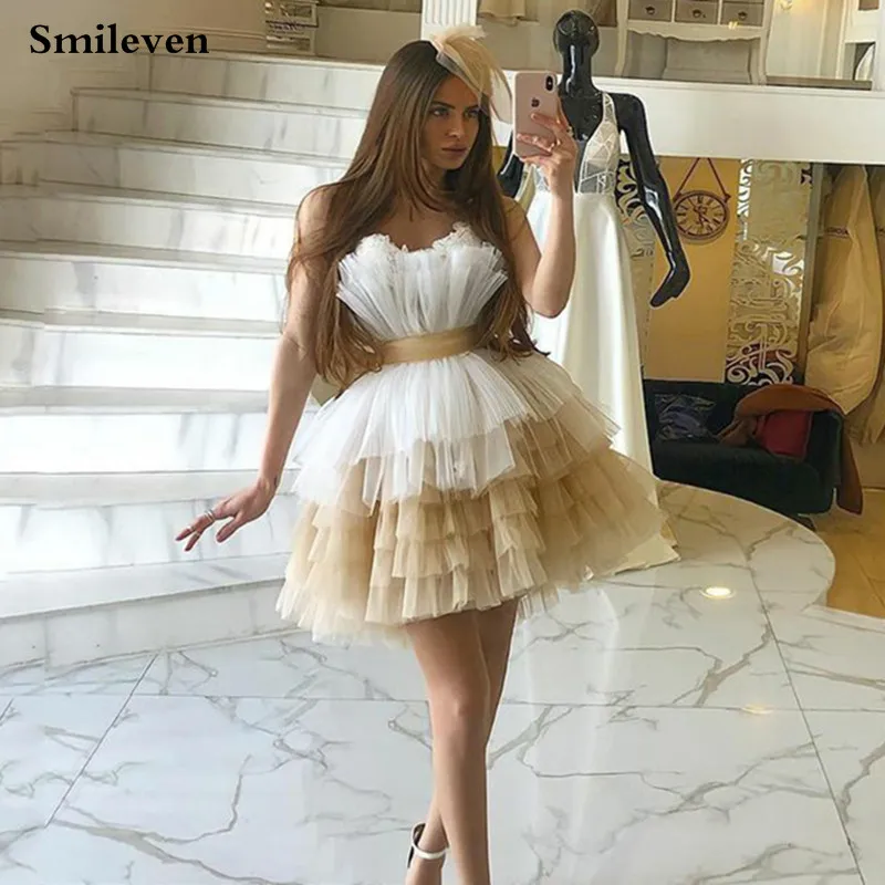 

Smileven Champagne Hit-Color Short Prom Dress Tiered Mini New Design Puff Tulle Formal Party Gown For Girls