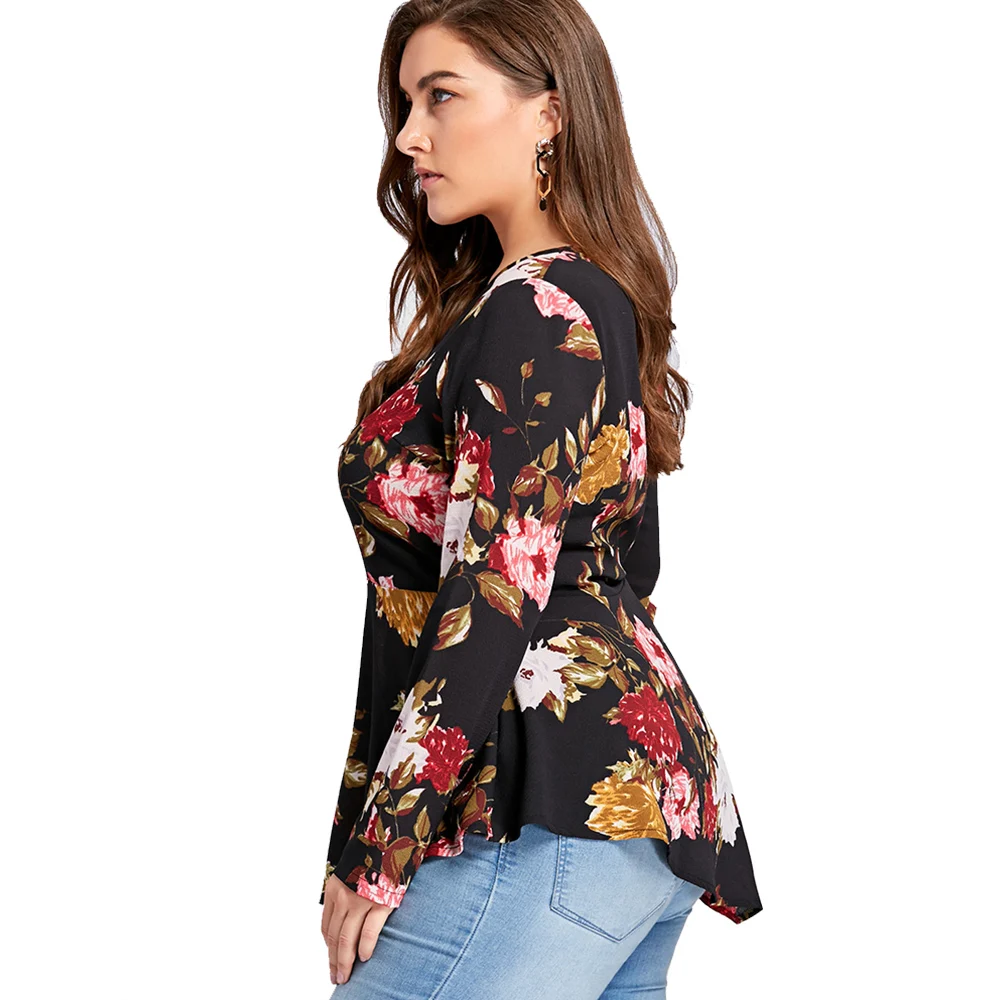 ROSE GAL Plus Size 5XL Zipper Floral Flower Print Blouse Shirt Women Long Sleeve Tunic Peplum Chiffon Tops Autumn Blusas 2019 |