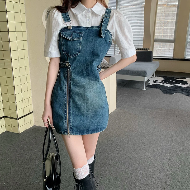 

Harajuku Preppy Style Bandage Summer Dress Women Pocket Zipper Sleeveless Streetwear Slim Spaghetti Strap Denim Dress vestidos