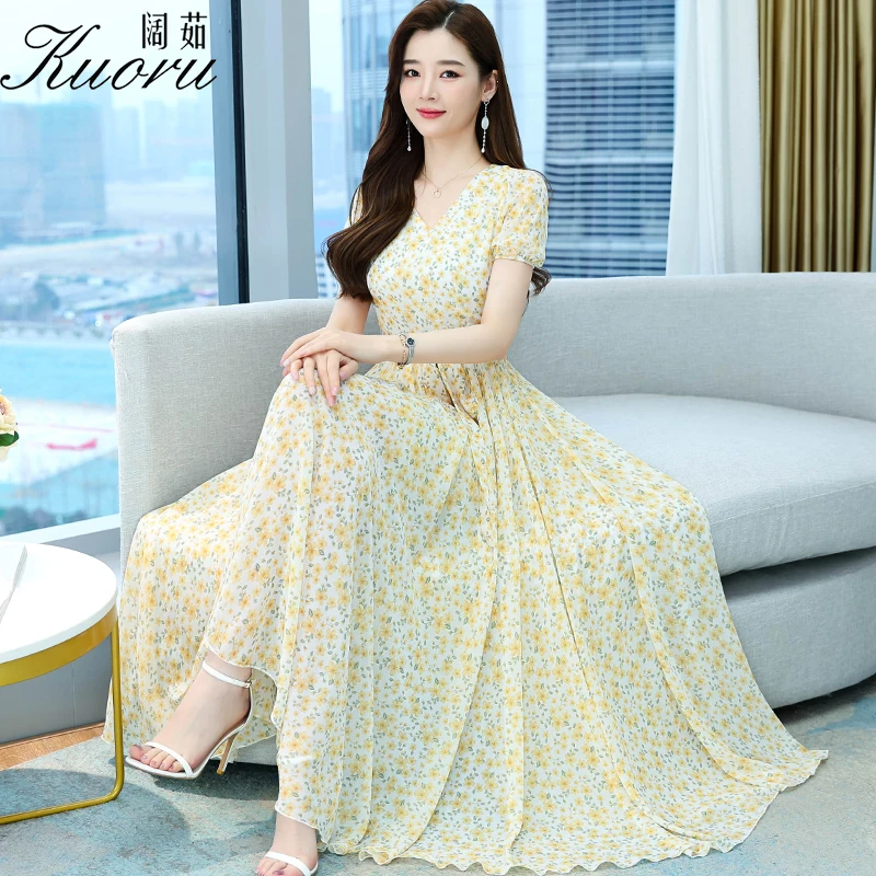 

Женское повседневное элегантное Шифоновое Платье макси с V-образным вырезом и цветочным принтом туники с коротким рукавом платья для женщи...