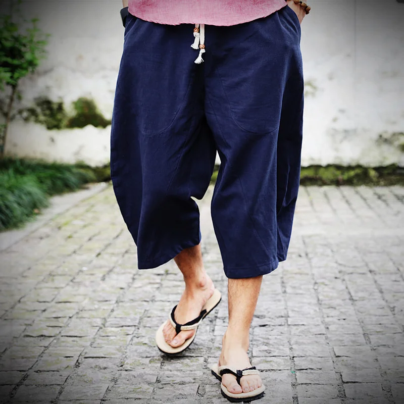 

Мужские хлопково-льняные мешковатые брюки SHZQ с широкими штанинами, мужские шаровары с подвесным шаговым швом в стиле хип-хоп, мужские брюки-...