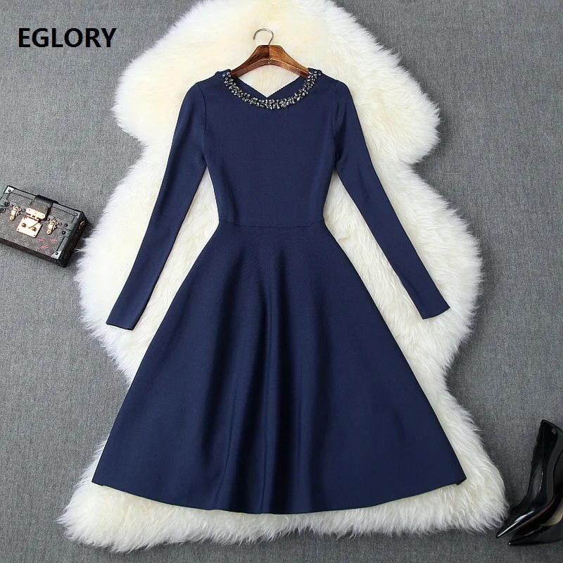 High Quality Blue Pink Sweater Dress Autumn Winter Knitwear Women Diamond Beading Long Sleeve Casual Knitted Dress Ladies