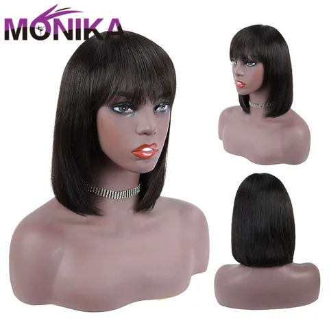 Monika перуанские Remy прямые черные парики с челкой для женщин, шелковая основа, полный парик, парики из человеческих волос, бесплатная доставка