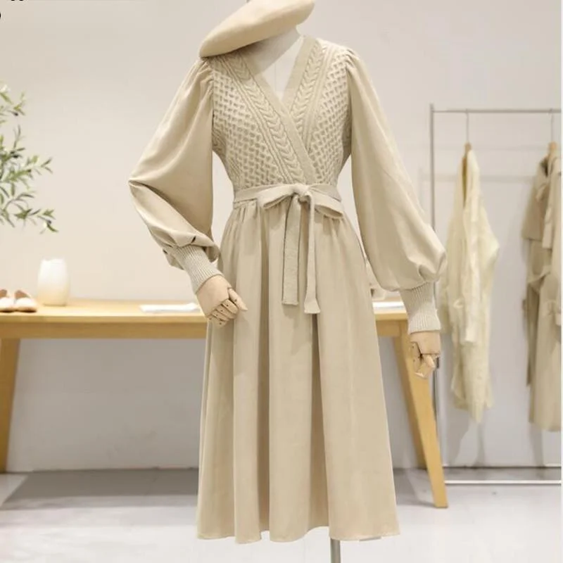 

Puff sleeve Sashes Bow Knee-length OL Work Sweater Dress Fall Winter New Knitted Dress Women Chic Twist Knit Patchwork