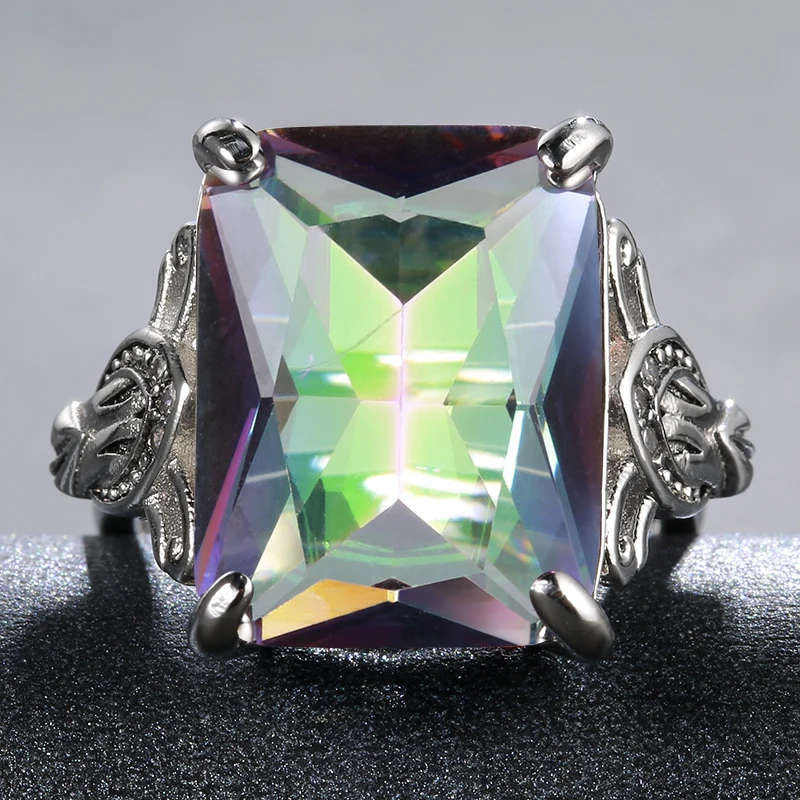 Vinregem 925 Solid Sterling Silver Mystic Rainbow Topaz Gemstone Birthstone Carved Ring Wedding Band Fine Jewelry Drop Shipping | Ювелирные