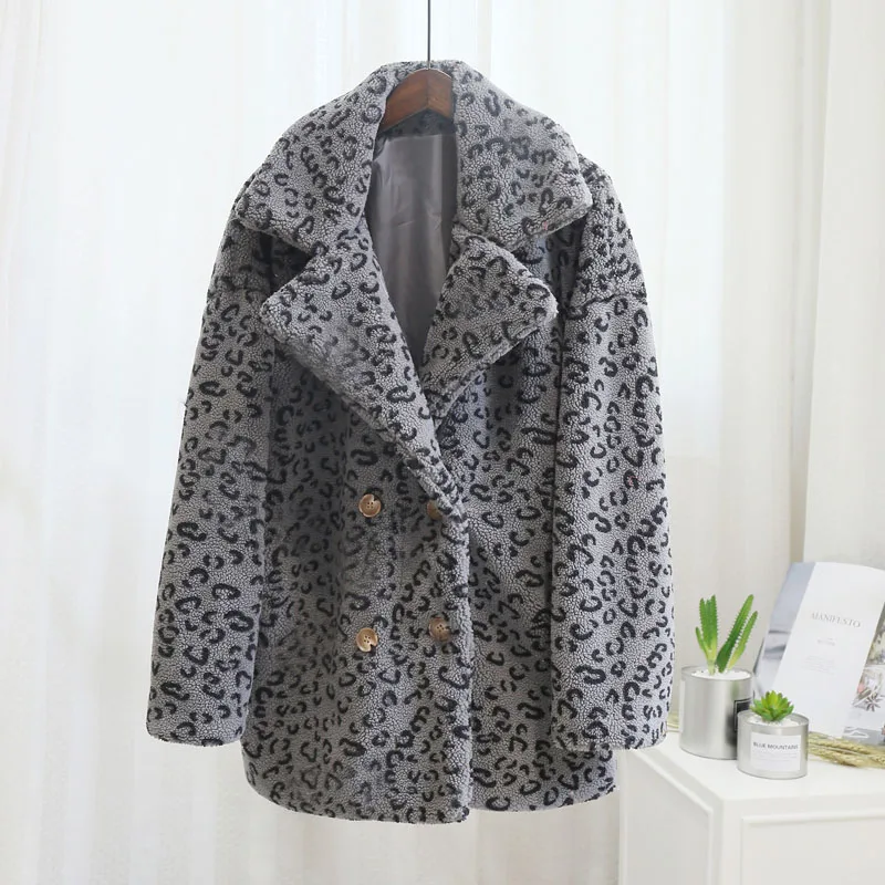 gray leopard Негабаритный верблюжий искусственный мех плюшевый медведь куртка пальто для женщин Зимняя мода уличный стиль теплое пальто Верхняя одежда Пальто из овечьей шерсти - Цвет: gray leopard