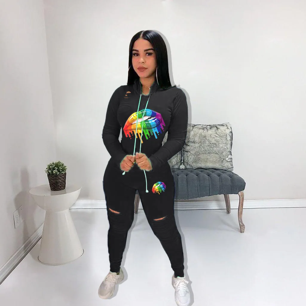 Зимний женский комплект с принтом в виде рта толстовки свитшоты леггинсы штаны