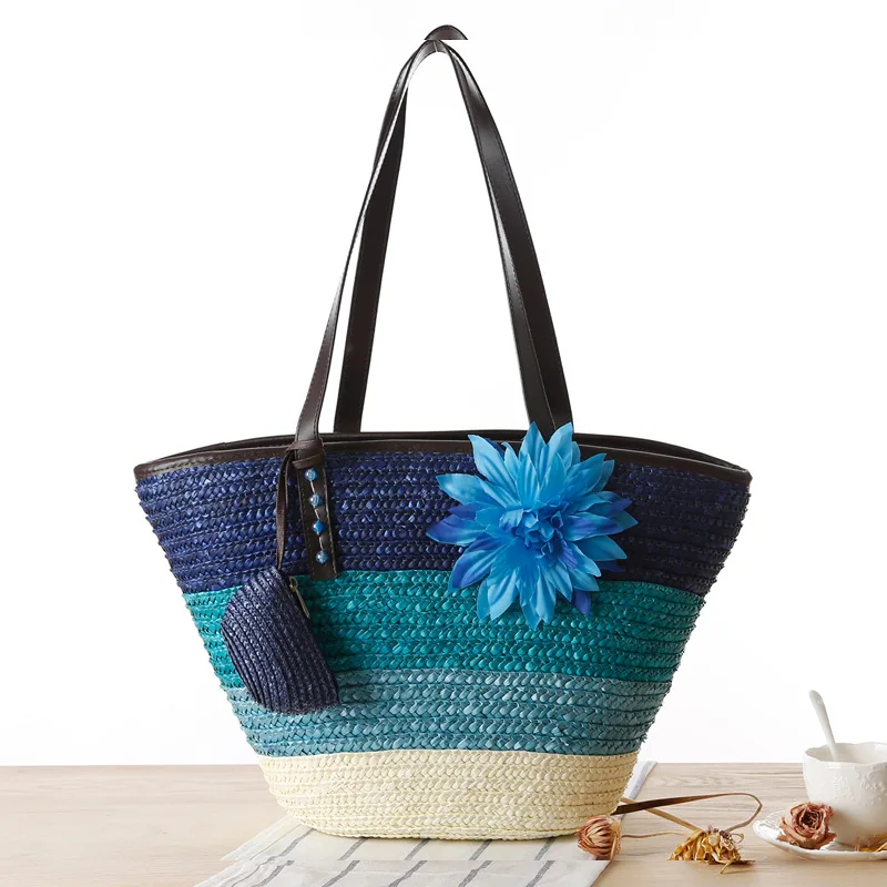 

Sthiped Gradient Color Straw Women Shoulder Bags Bohemain Flower Handmade Women Handbags Summer Beach Big Bucket Bags For Women