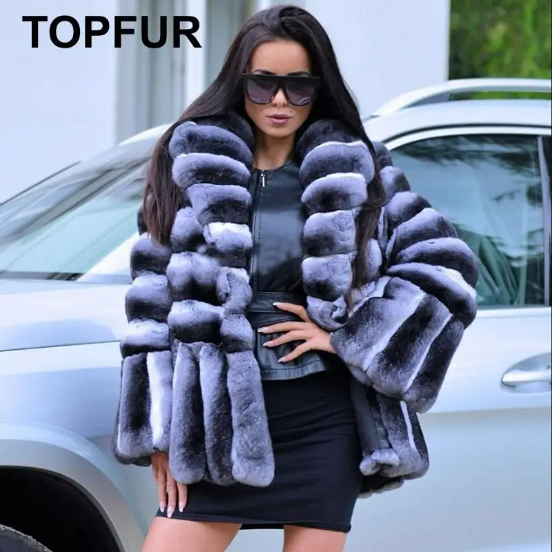 TOPFUR Luxury Turndown Fur Collar Real Fur Coats Winter Rex Rabbit Fur Jacke For Women Fashion Rabbit Fur Coat Chinchilla