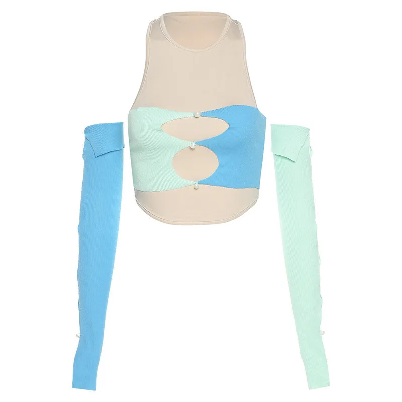 

XIYUU Hollow out Long Sleeve Splicing Cropped T Shirt Sexy Tops Women O-Neck Color matching strapless slimming two-piece T-shirt