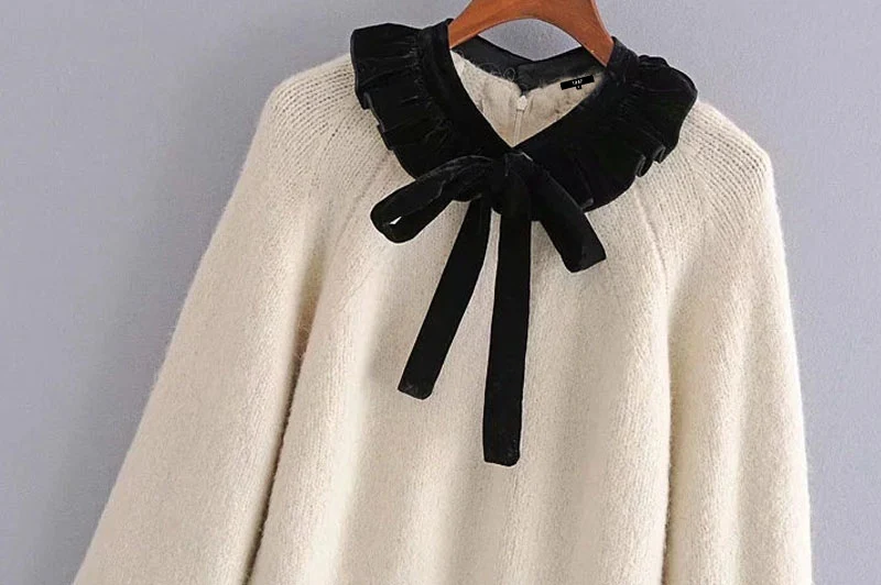 

Женский трикотажный свитер с рюшами, милый модный винтажный пуловер с бантом и рукавами-фонариками в стиле пэчворк, шикарный топ, зимняя оде...