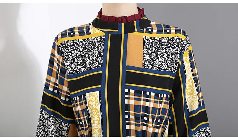 [EAM] Women Pattern Print Pleated Hit Color Dress New Stand Neck Long Sleeve Loose Fit Fashion Tide Spring Autumn 1A884