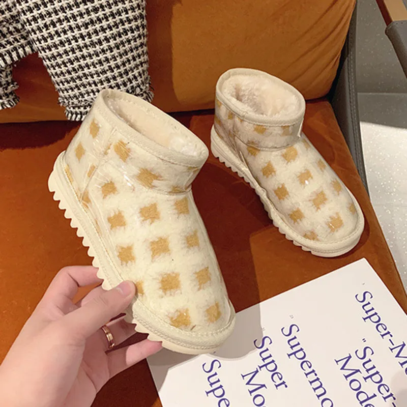 

Fashion Women Lattice Ankle Snow Boots Low Top Comfort Ladies Flat Shoes Korean Style Student Lovely Female Cotton Foot-wears