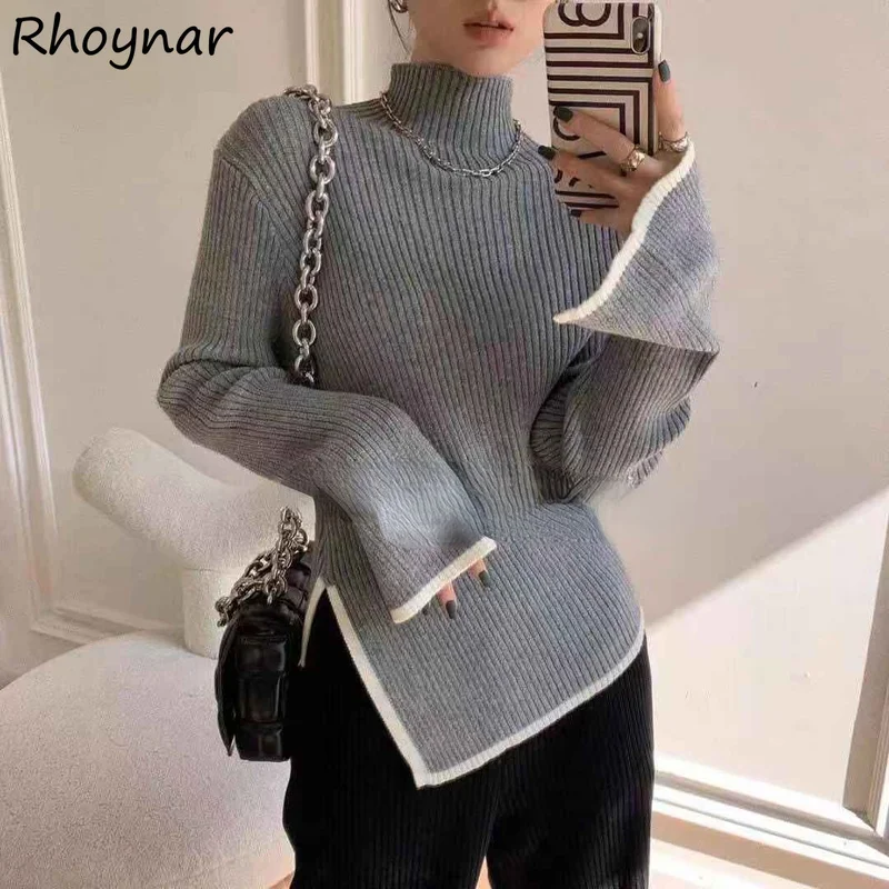 

Turtleneck Sweater Women Slim Korean Style Patchwork Knitted Side Split Autumn Inside Cozy Y2k Elegant Fashion Leisure Chic New