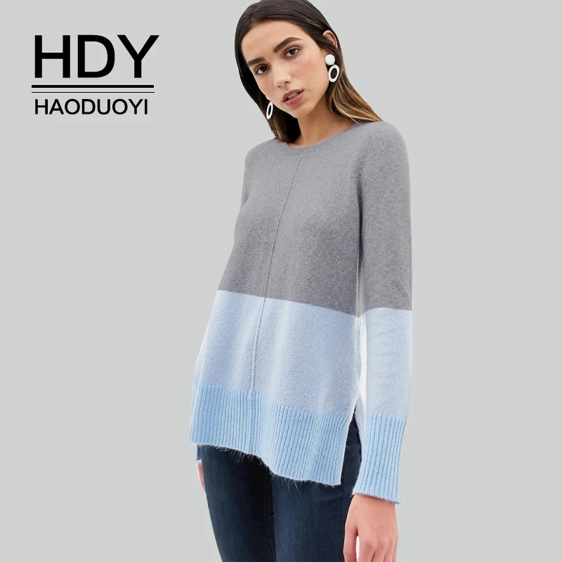 HDY Haoduoyi Autumn Simple Stylish Three-color Stitching Asymmetrical Hem Split Sports Leisure Long Sleeve Boyfriend Sweater | Женская
