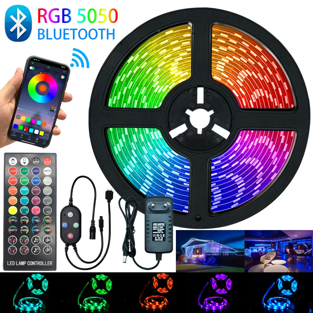 

NEW Bluetooth LED Strips Lights RGB 5050 SMD Waterproof Flexible Ribbon 5M 10M 15M 20M Tape Diode DC 12V Remote Control+Adapter