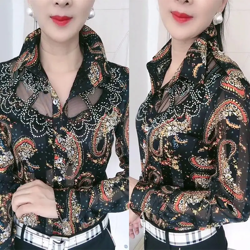 

Early spring 2021 new long sleeve base coat women's foreign style lace splicing chiffon shirt and small shirt Floral Top