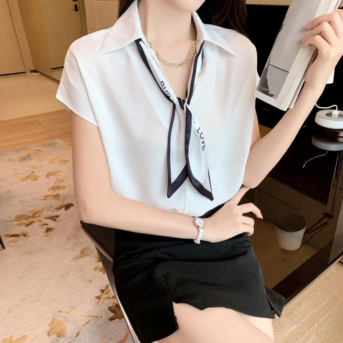 

women blouse OL style chiffon short-sleeved shirt