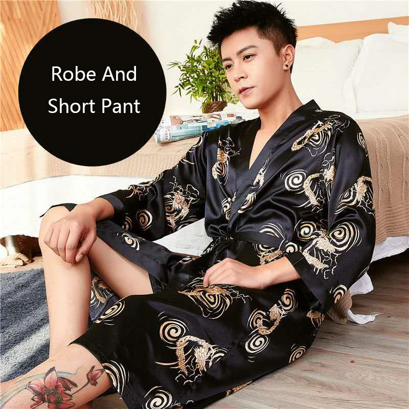 Высокое качество Для мужчин халат атласное платье с принтом для Пижама драконом