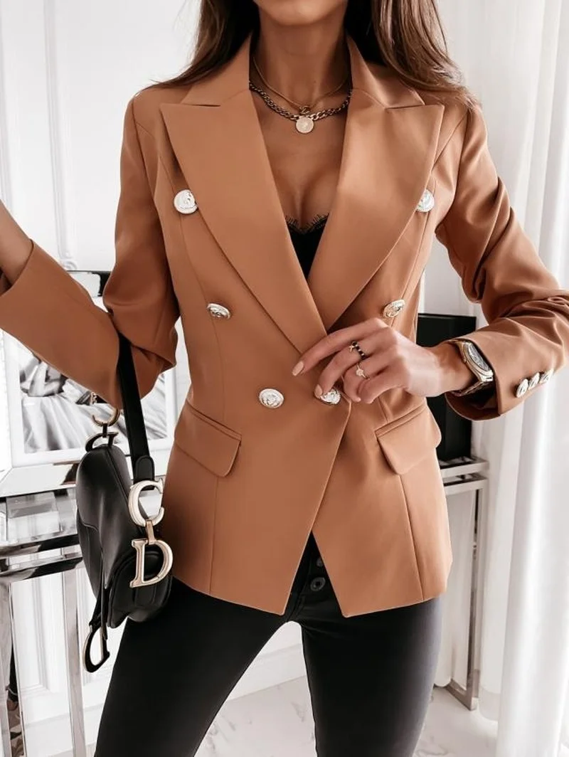 

Зимняя Модная Повседневная Женская Осенняя двубортная однотонная куртка цвета хаки с длинным рукавом