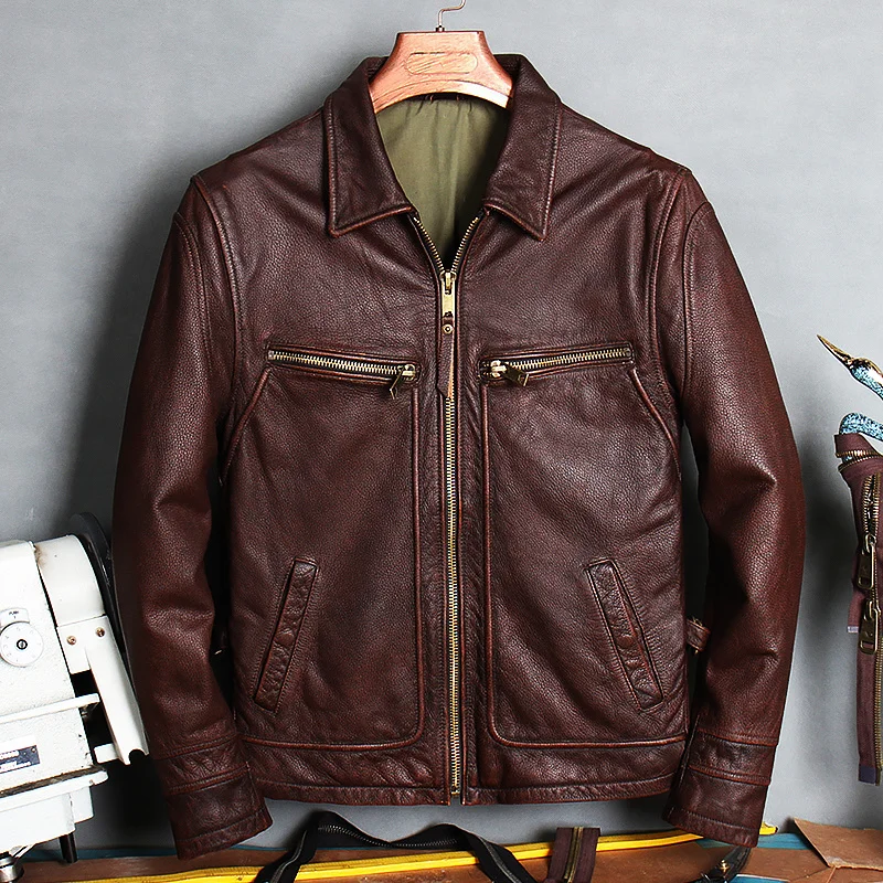 

Мужская повседневная винтажная куртка, черный облегающий жакет из натуральной воловьей кожи в американском стиле, осень 2021