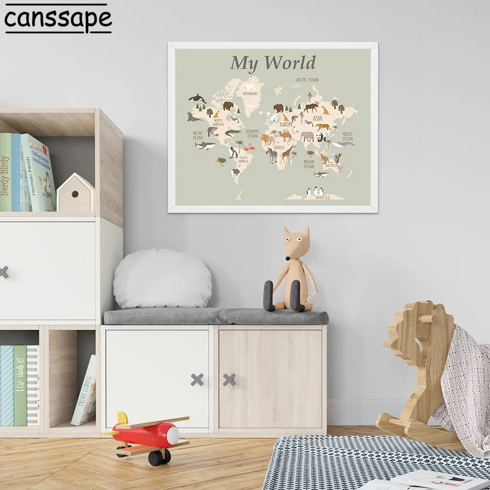 Животные Карта мира настенные картины Детские постеры и печать для детской