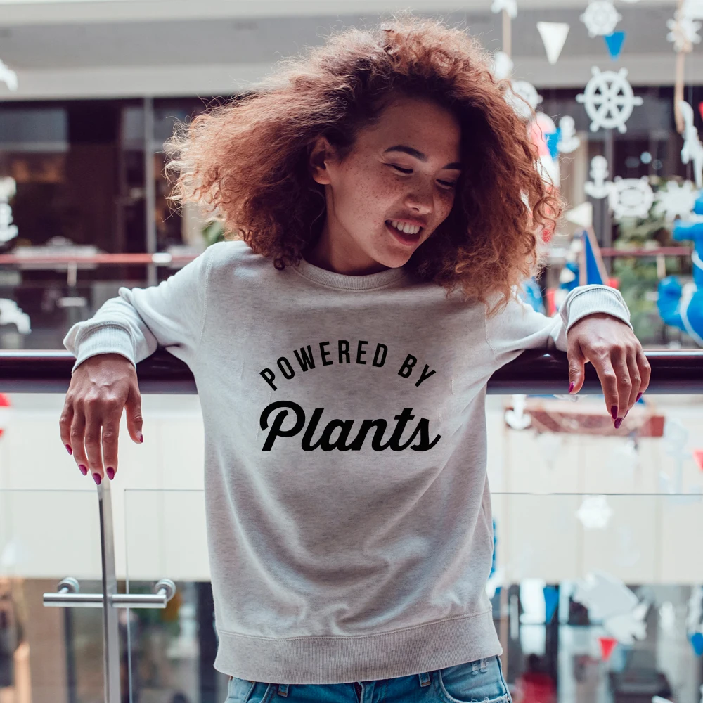 Powered By Plants 100% Cotton Sweatshirt Unisex Long Sleeve Vegan Pullovers Casual Women Crewneck Jumper Vegetarian Sweatshirts | Женская