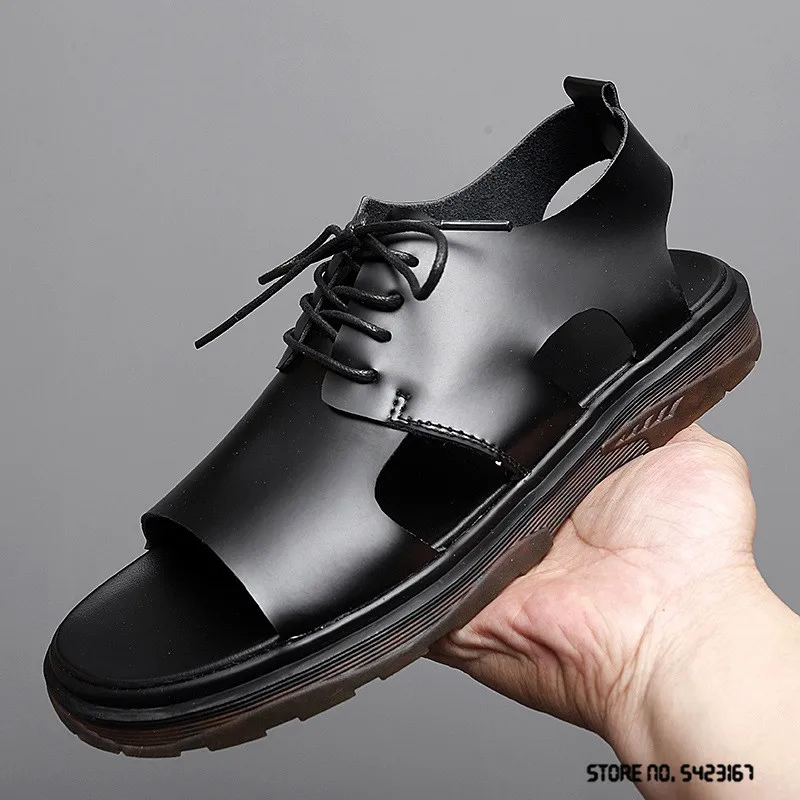 Мужские сандалии из натуральной кожи уличная пляжная обувь на шнуровке плоская